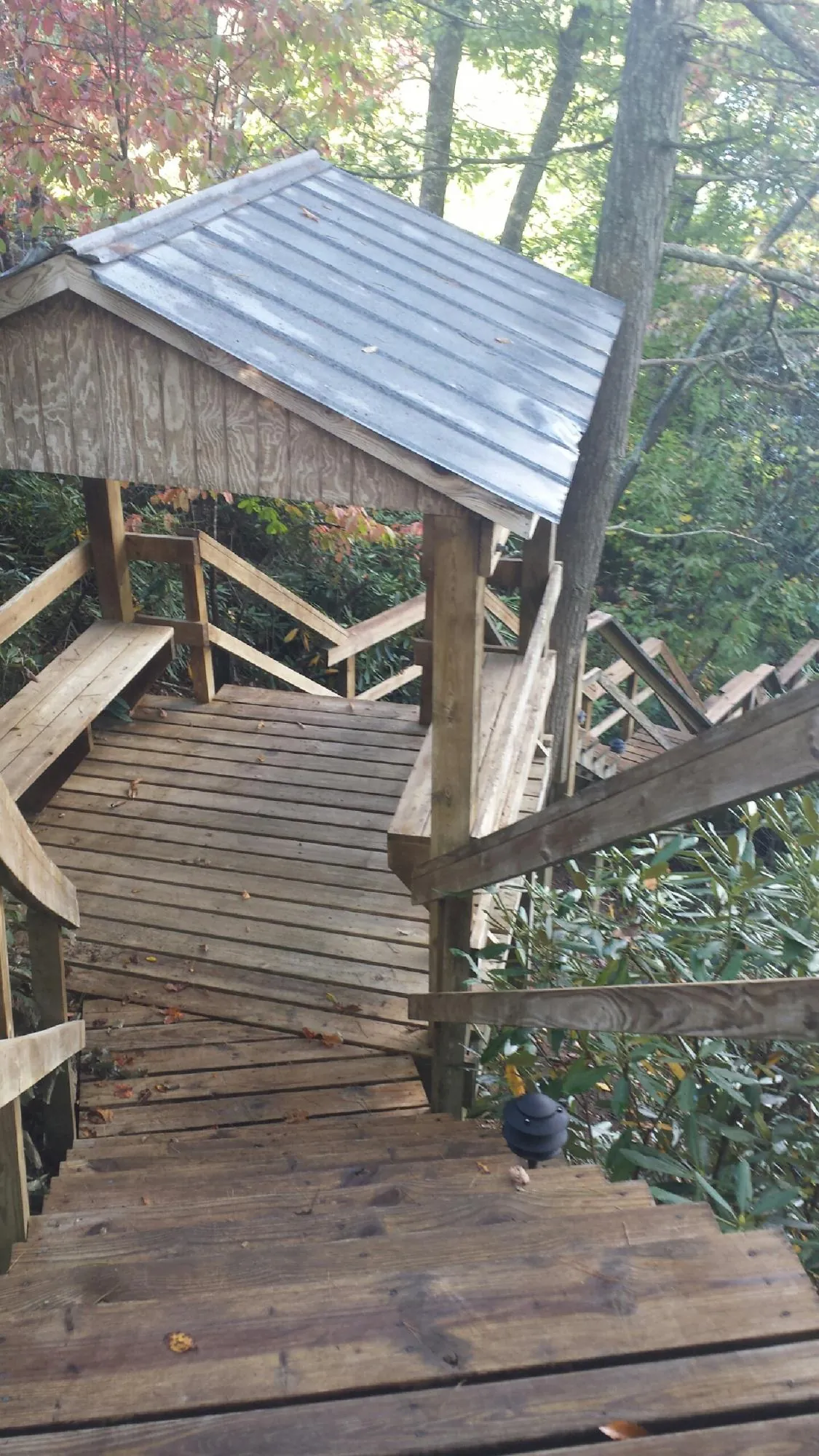 Metal roofed shelter over wooden steps on a wooded walkway — Skylight Repair & Installation work by our crew in Drums